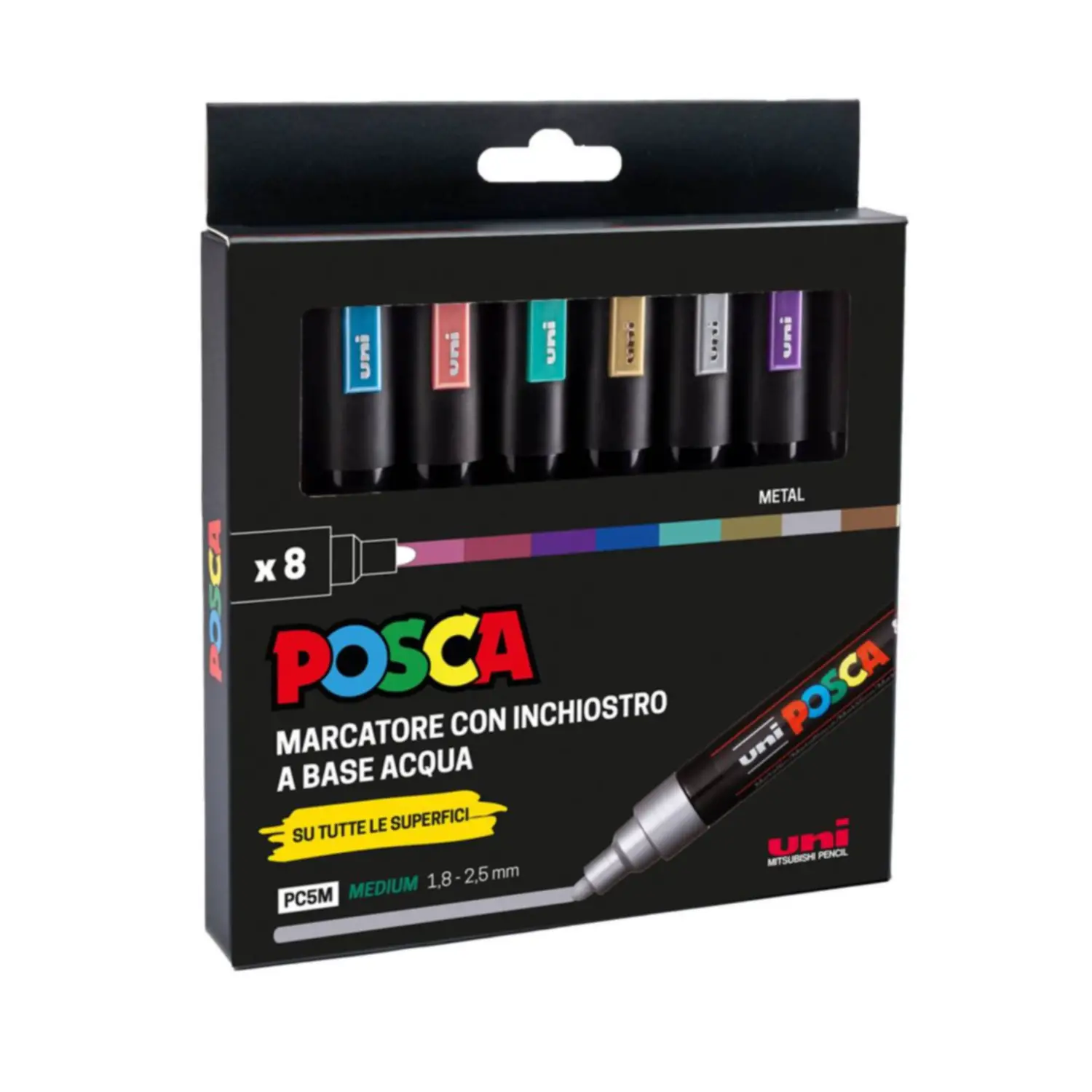 Pennarelli Uni Posca Metal - Punta Media da 1,8-2,5 mm - Set 8 Colori - Pennarelli