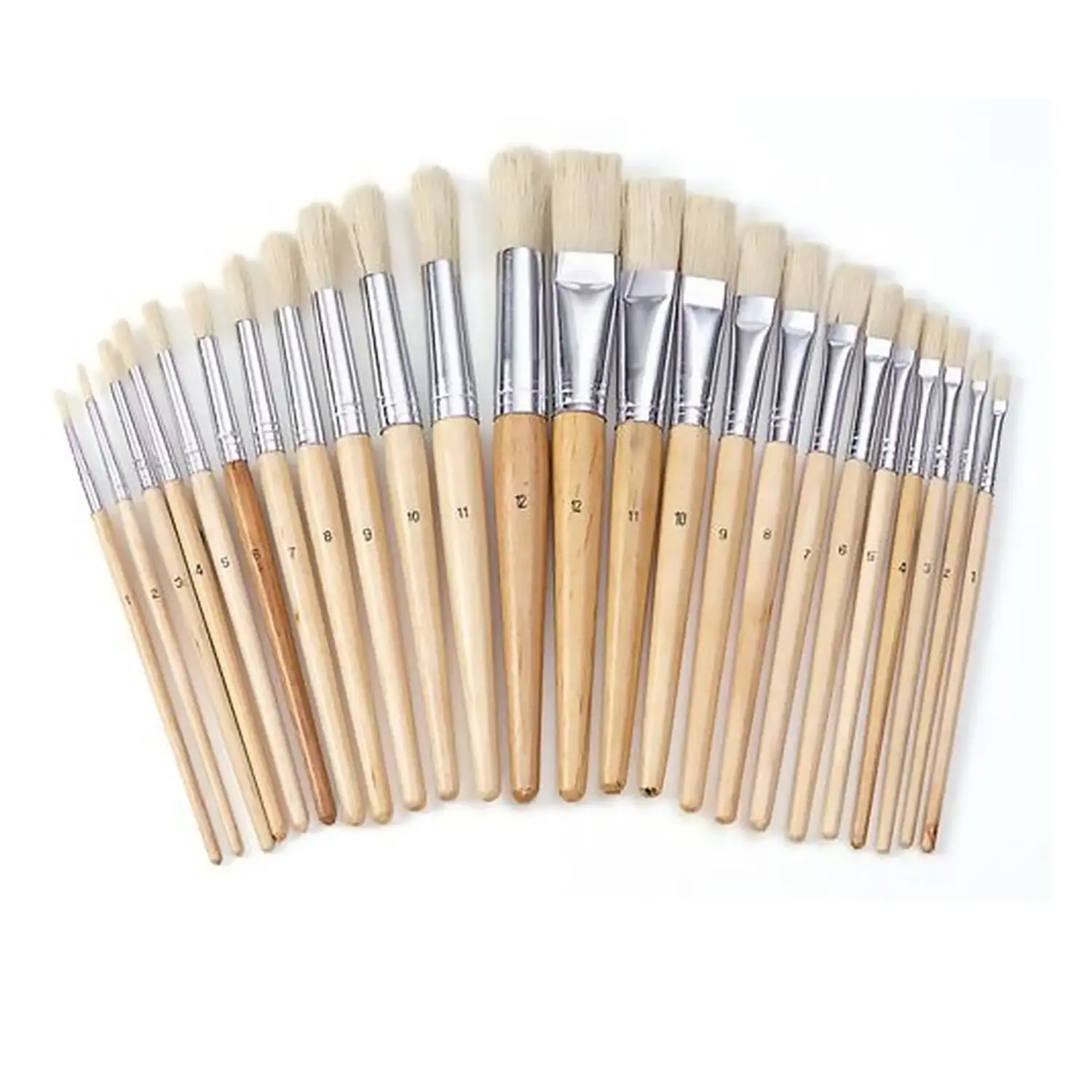 Set di Pennelli a Punta Tonda e Piatta – Manico in Legno e Setole Naturali (24 pezzi) - Pennelli e accessori