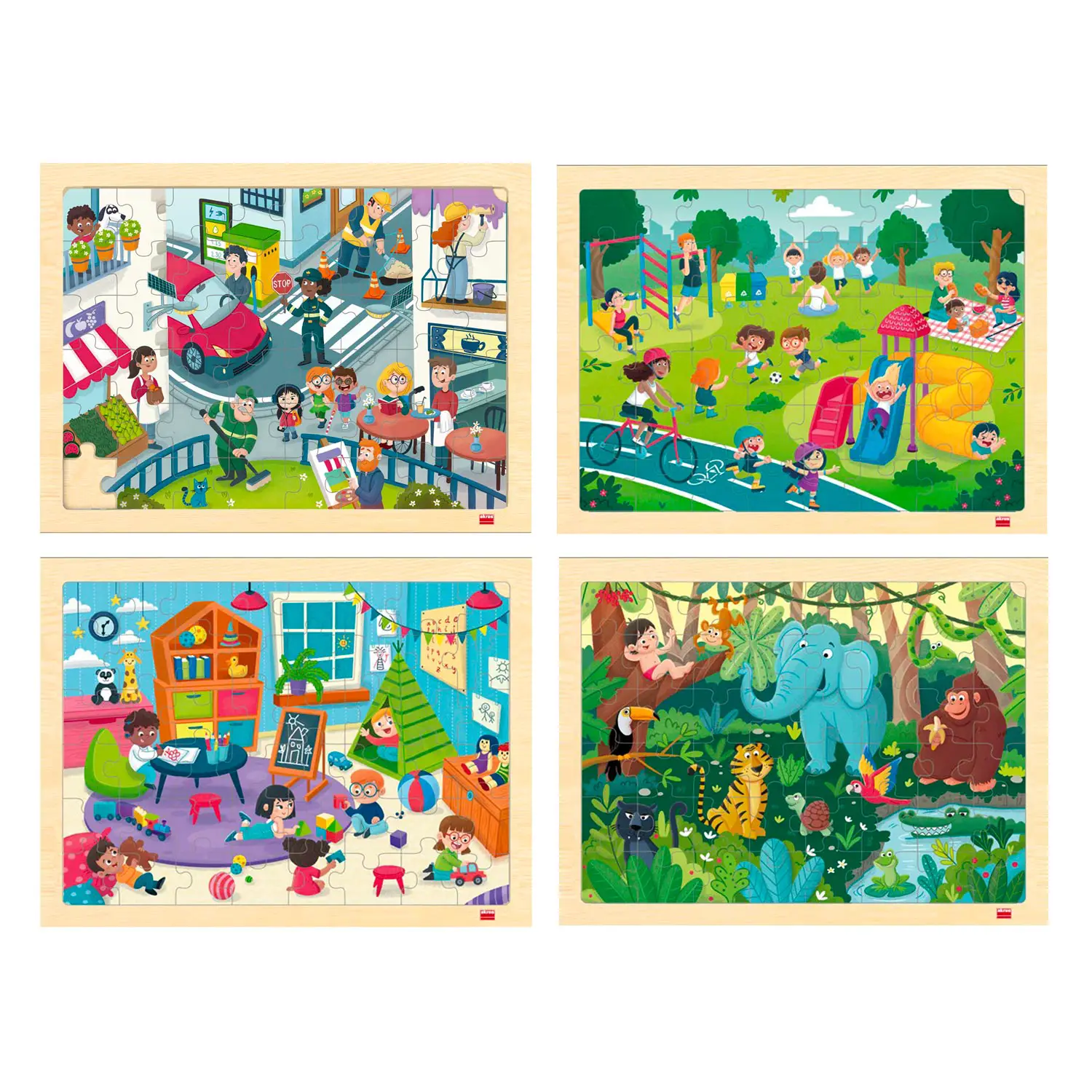 Puzzle di Osservazione: Rispetto e Convivenza Civile, Set 4 Puzzle in Legno Ecologico - Incastri e puzzle in legno