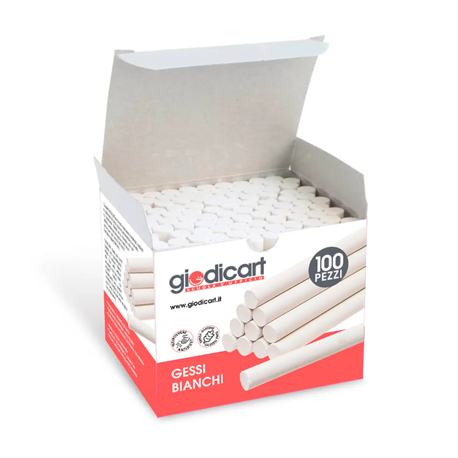 Gessi Bianchi Tondi Antipolvere Anallergici, Carbonato di Calcio, Scatola 100 Pezzi - Gessi e accessori per lavagne