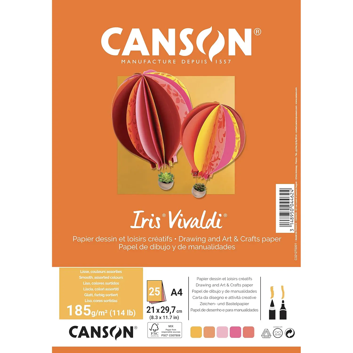 Cartoncino Vivaldi Canson Iris A4 185 g/m² - 25 Fogli Assortimento Fuoco - Carta e cartoncino