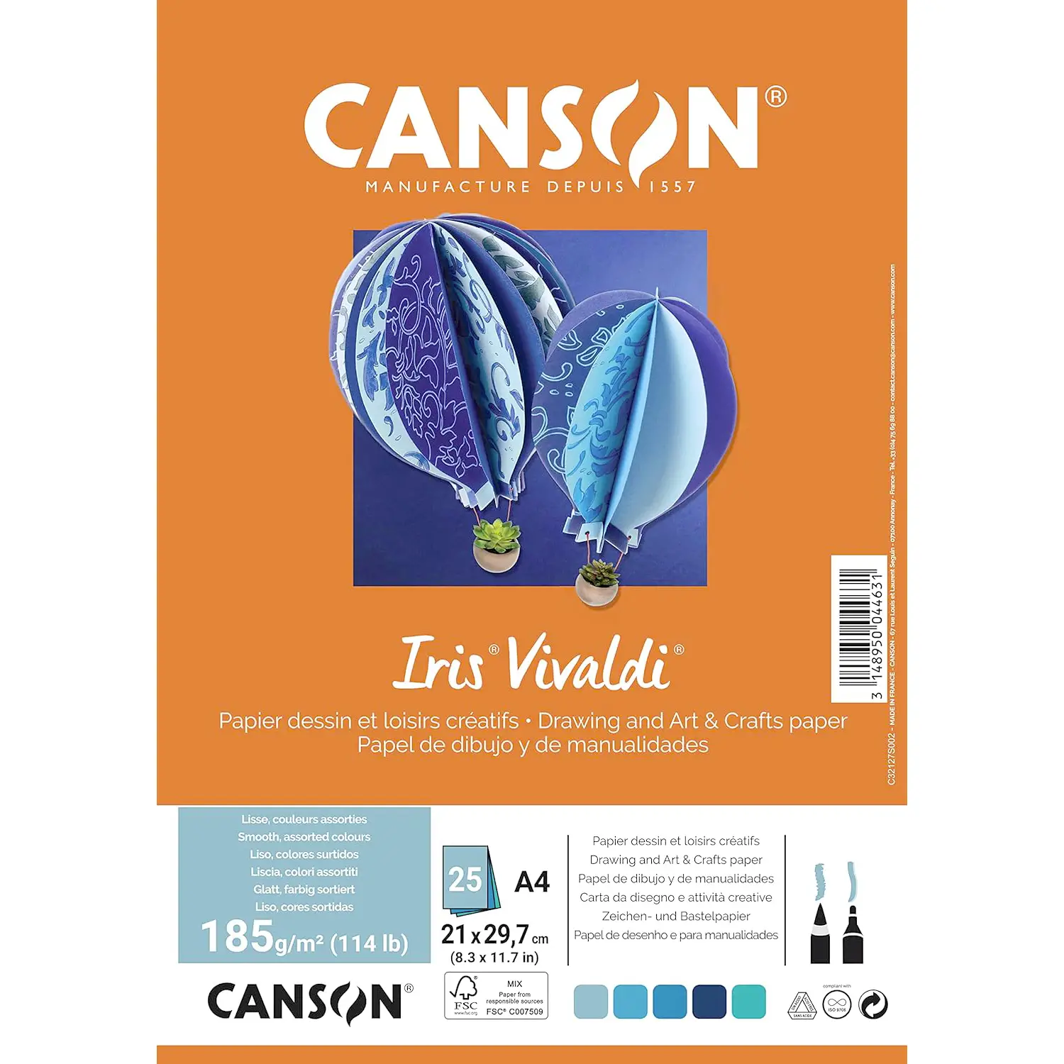 Cartoncino Vivaldi Canson Iris A4 185 g/m² - 25 Fogli Assortimento Acqua - Carta e cartoncino