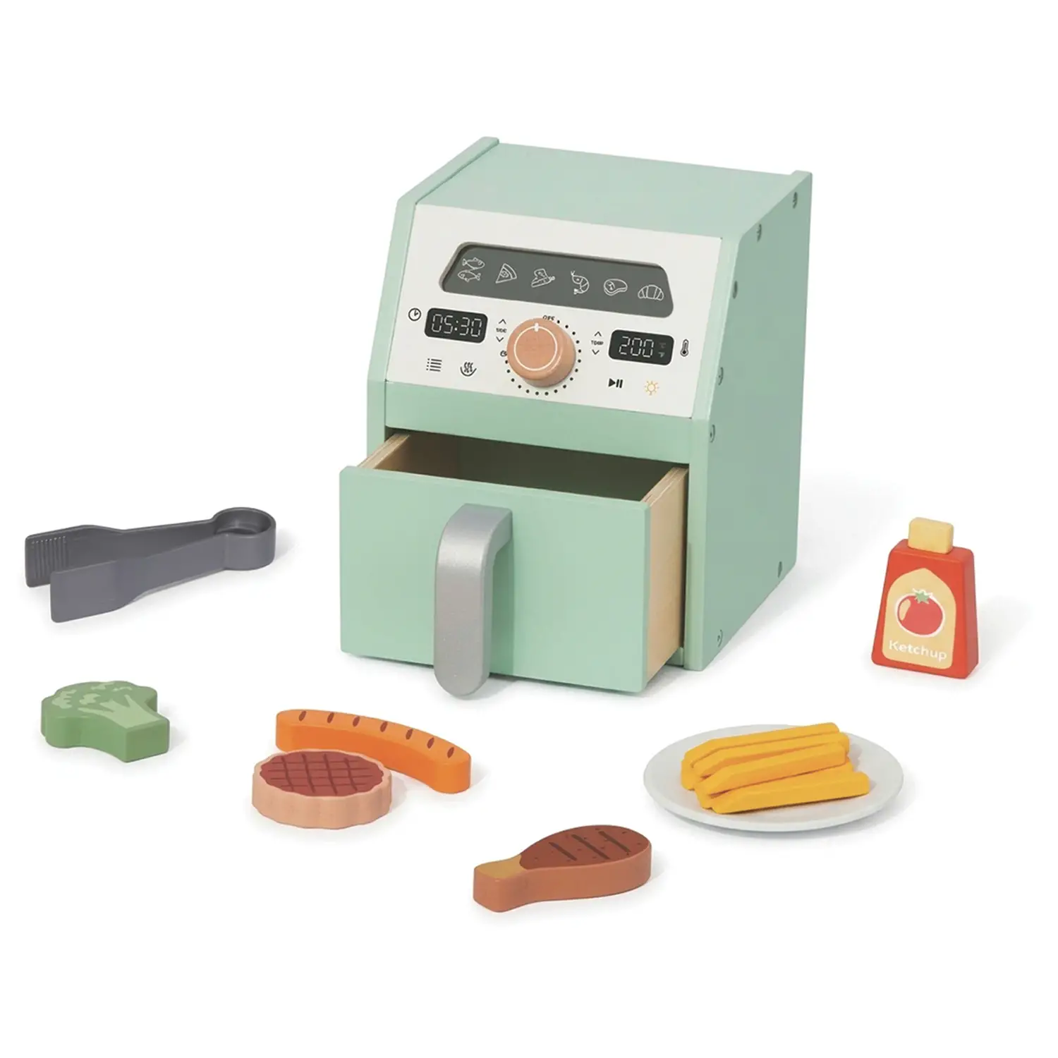 Friggitrice ad Aria Gioco in Legno con Accessori e Alimenti - Cucine e gioco simbolico