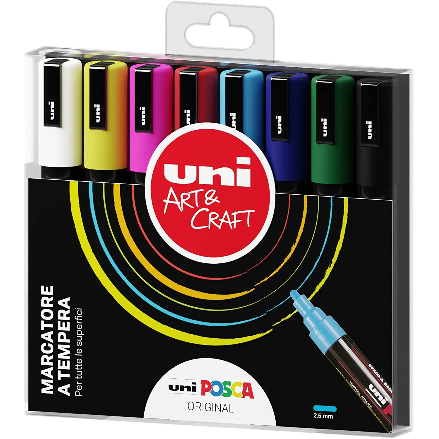 Pennarelli Uni Posca Media – Set 8 Colori | Marcatori a Tempera Multi-Superficie - Pennarelli