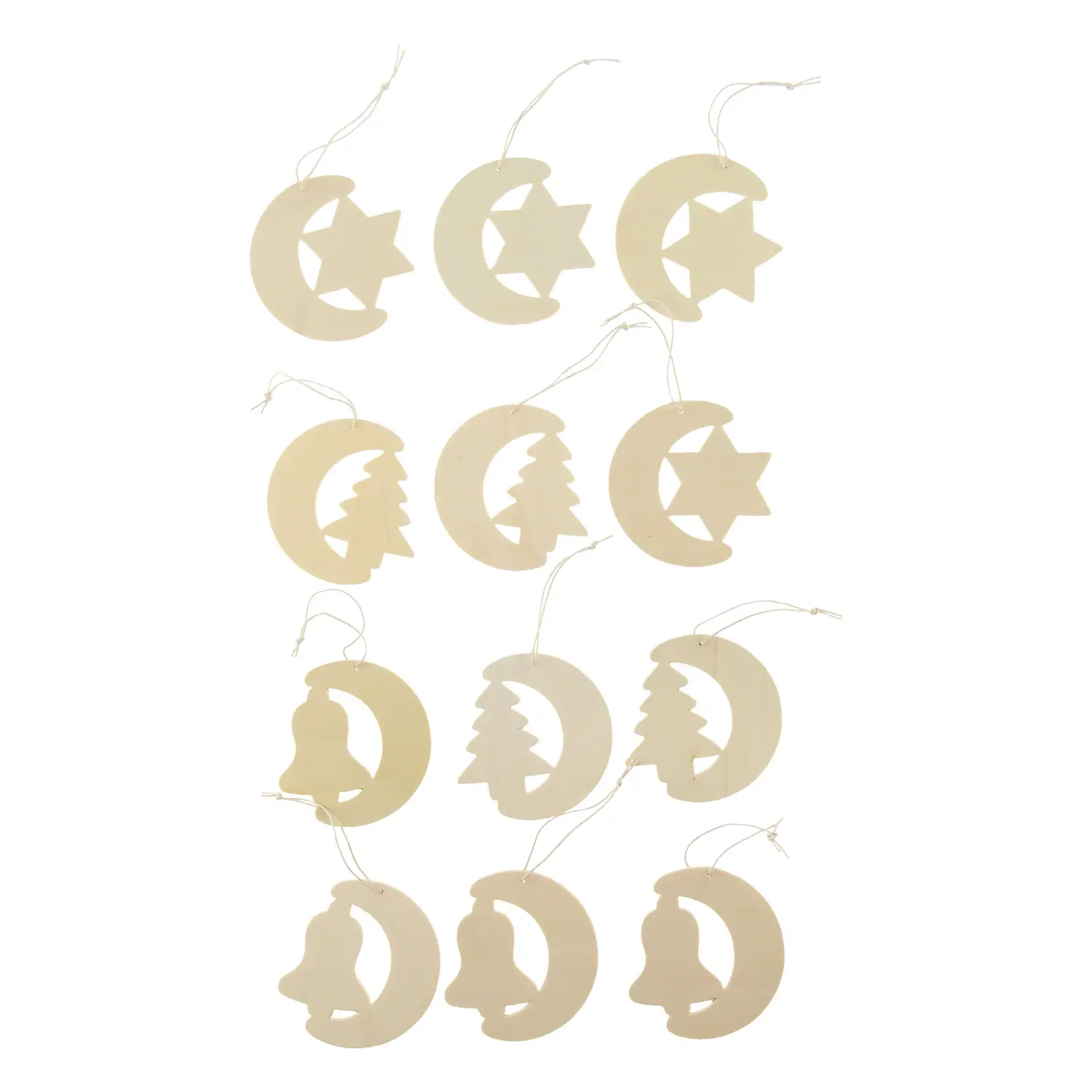 Appendibili in Legno da Decorare – Set 12 Pezzi - 8,5 x 7,5 cm - Soggetti in legno