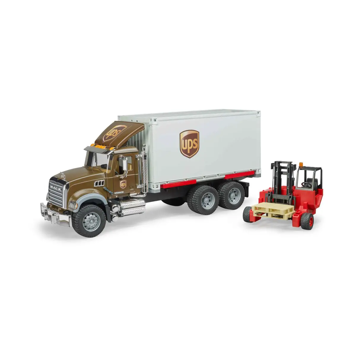 Mack Truck Camion Ups Portacontainer Con Muletto • Bruder 02828 - modellini