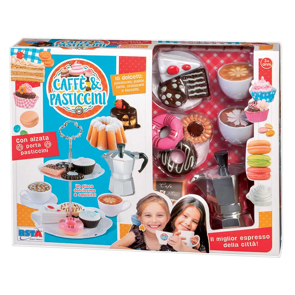 Playset Caffè e Pasticcini con Moka – Gioco Barista e Pasticcere - Alimenti, mercatini, stoviglie