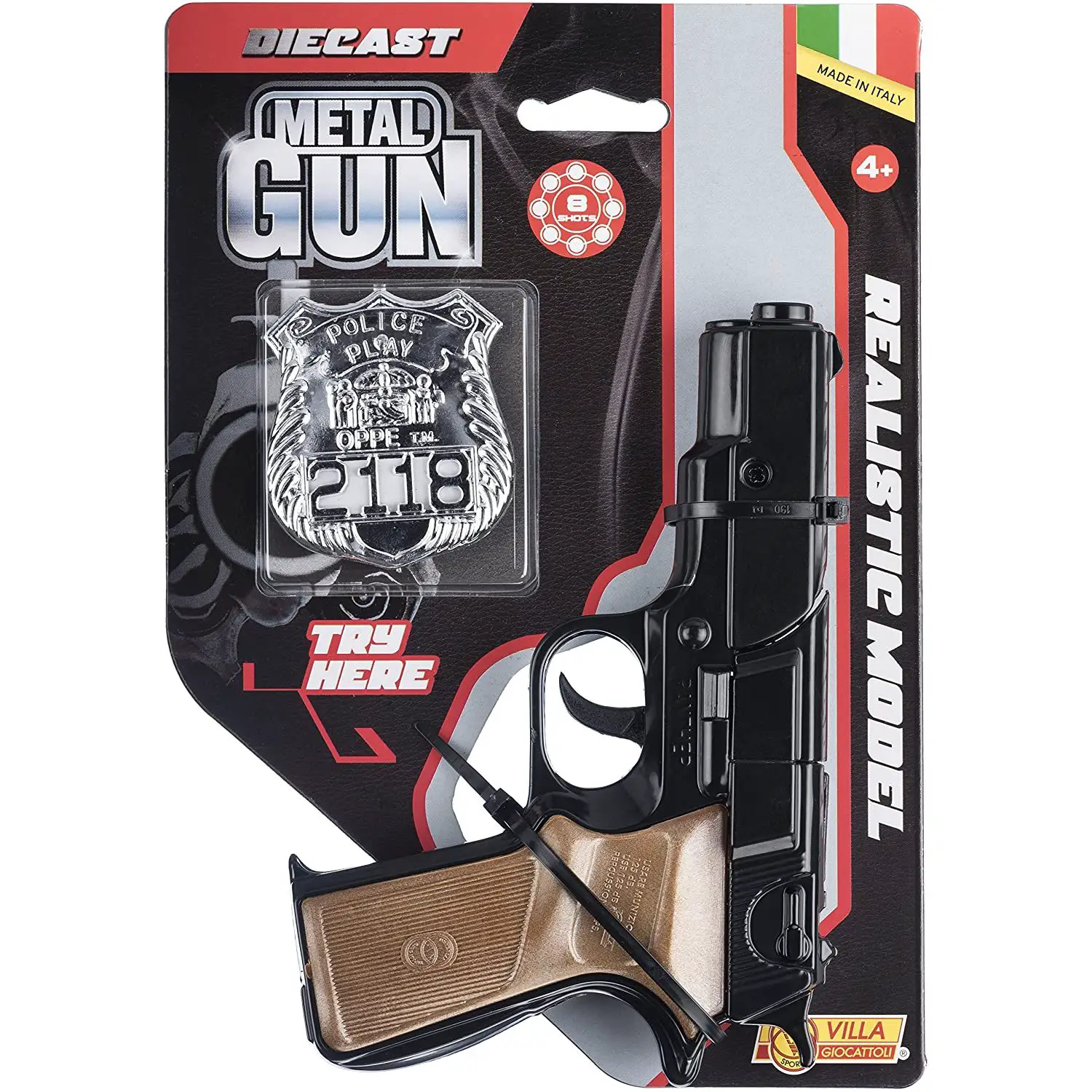 Pistola Giocattolo Panther Black Metal Gun - Revolver in Metallo con Distintivo e Tamburo a Pulsante - armi soldatini
