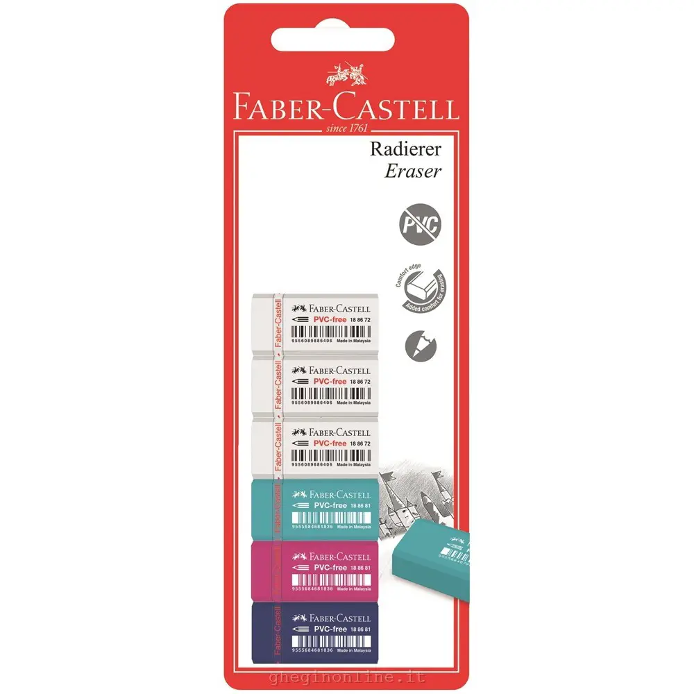 Gomme Faber-Castell Free Trend – Blister da 6 Pezzi Colorate - Matite Temperini Gomme