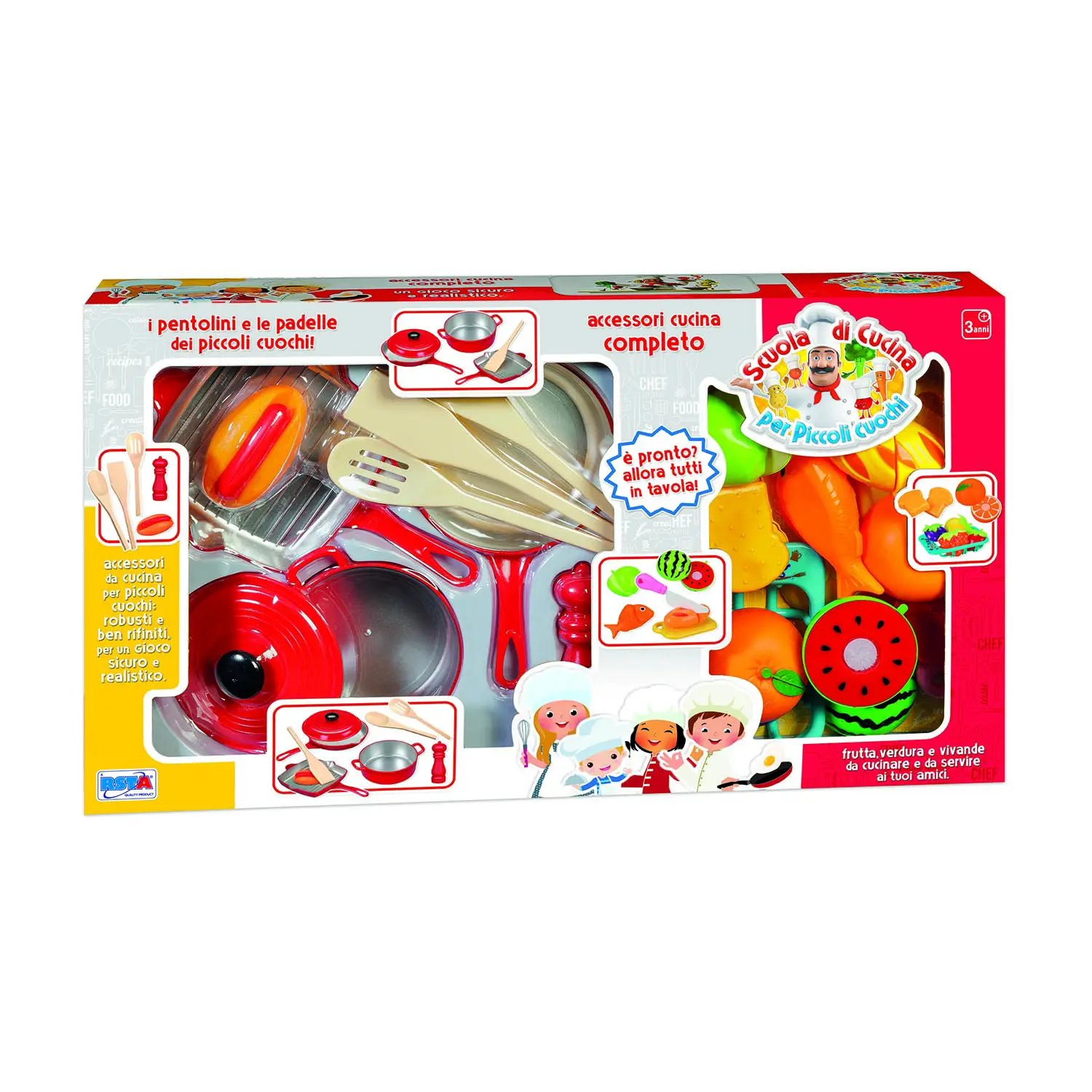 Playset Piccoli Cuochi Padelle Frutta e Verdura - Alimenti, mercatini, stoviglie