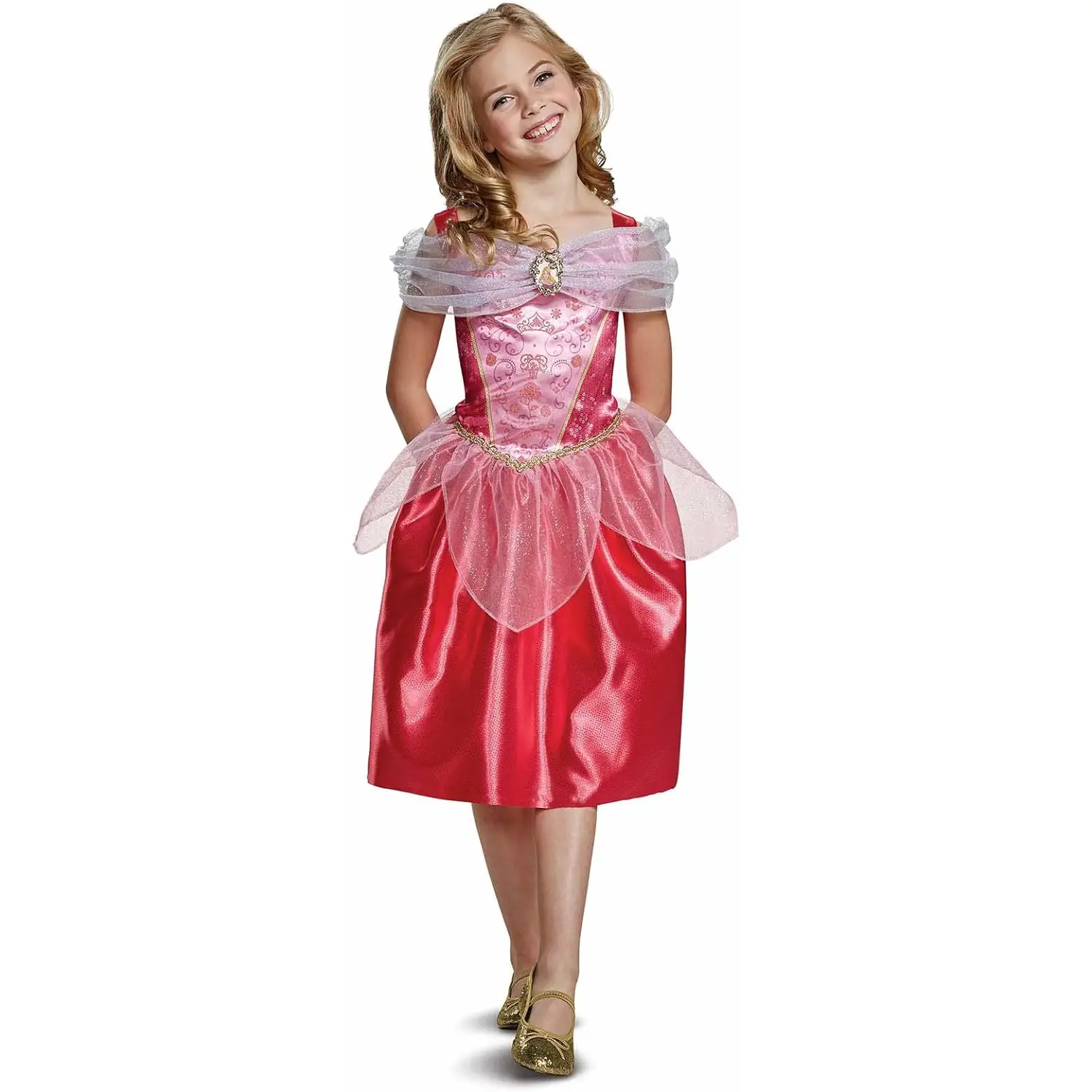 Vegaoo Costume Principessa Incantata Per Bambina - Taglia S (4-6 Anni, 110-120 Cm) - Abito Lungo Rosa, Bianco E Oro Con Cerchio