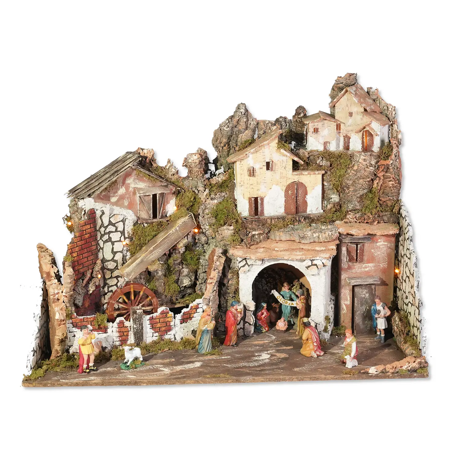 Presepe Completo 76x40x54 cm con Mulino, 13 Statuine e 20 Luci - presepi