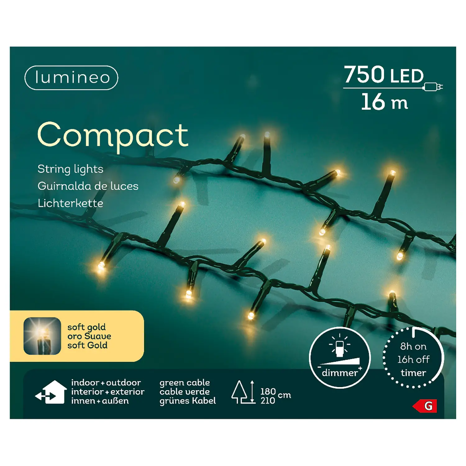 Luci di Natale Lumineo Compact - 750 Led Soft Gold - Filo Verde da 16 metri - luci