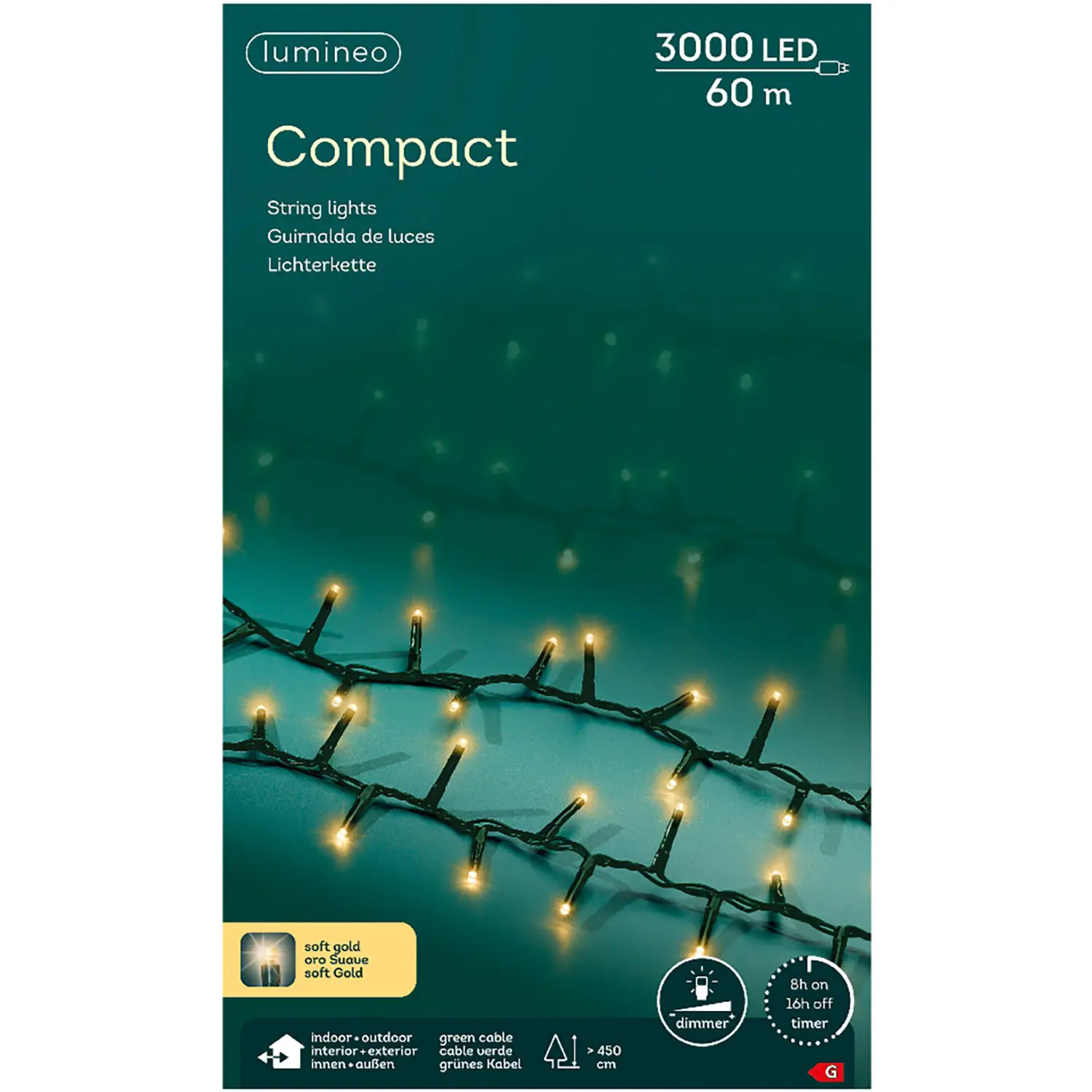 Luci di Natale Lumineo Compact - 3000 Led Soft Gold - Filo Verde da 60 metri - luci
