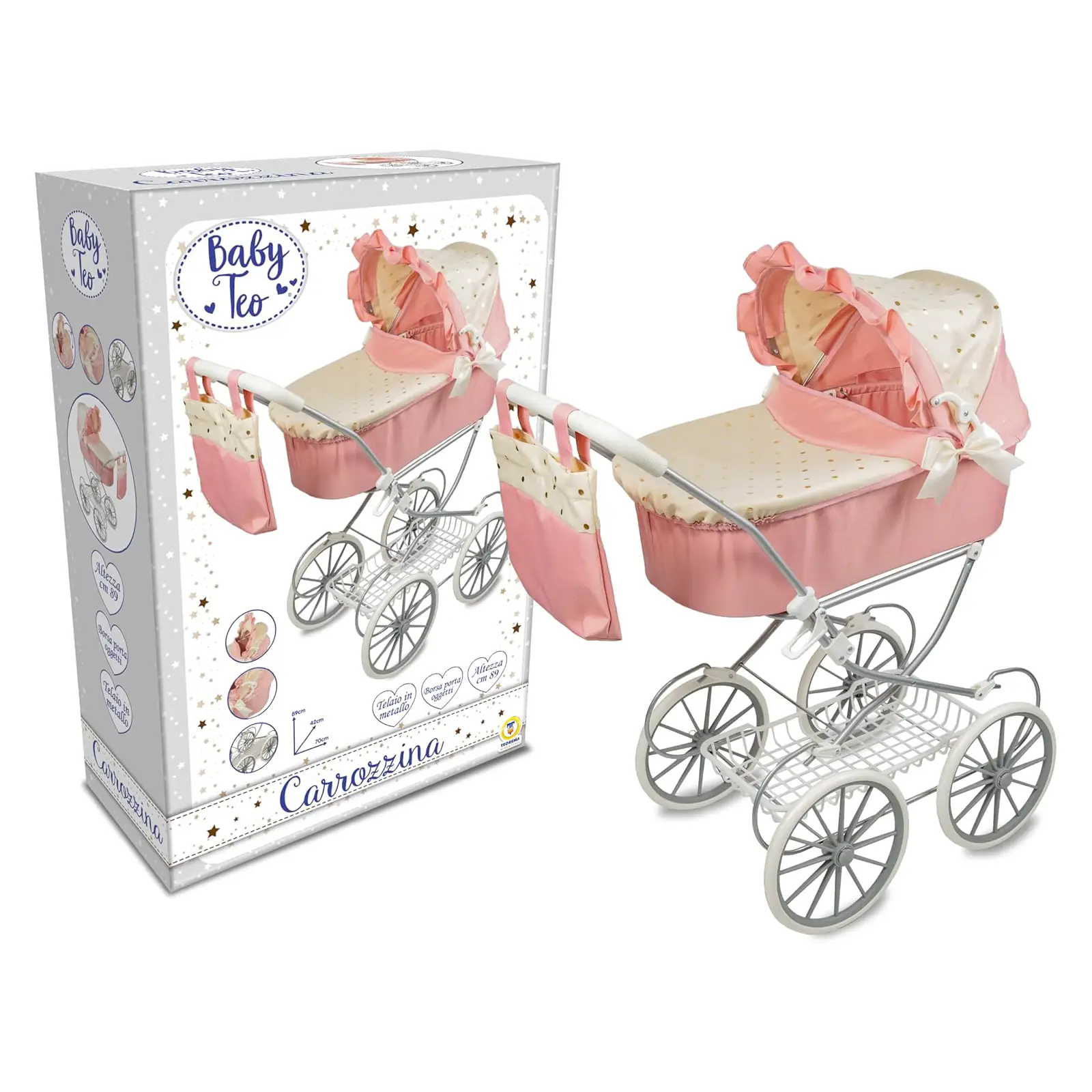 Carrozzina Pieghevole con Cappotta e Accessori Rosa - Bambole e accessori