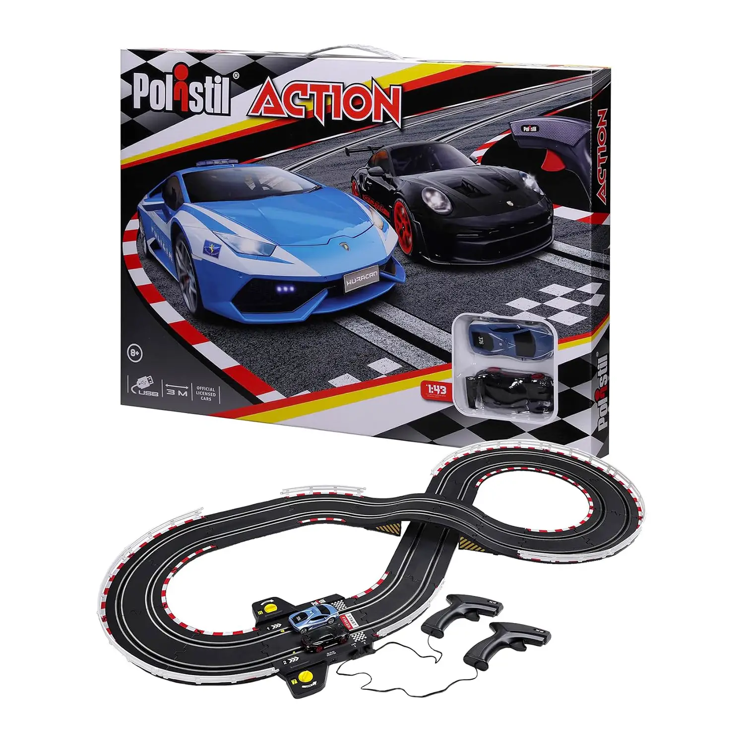 Polistil Action 1:43 Pista Elettrica con 2 Slot Car Lamborghini e Porsche Scala 1:43 - Veicoli, garage e piste