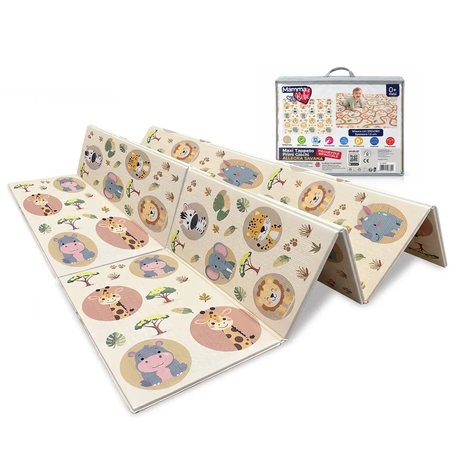 Maxi Tappeto Gioco Pieghevole Primi Passi cm 200x180, Alto Spessore 15mm, Allegra Savana - Primi giochi