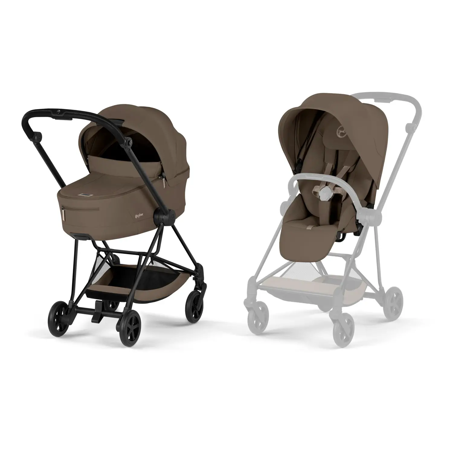 Mios Comfort Coconut Brown 2in1 Con Navicella Richiudibile-Passeggino con Telaio Matt Black - trio e modulari