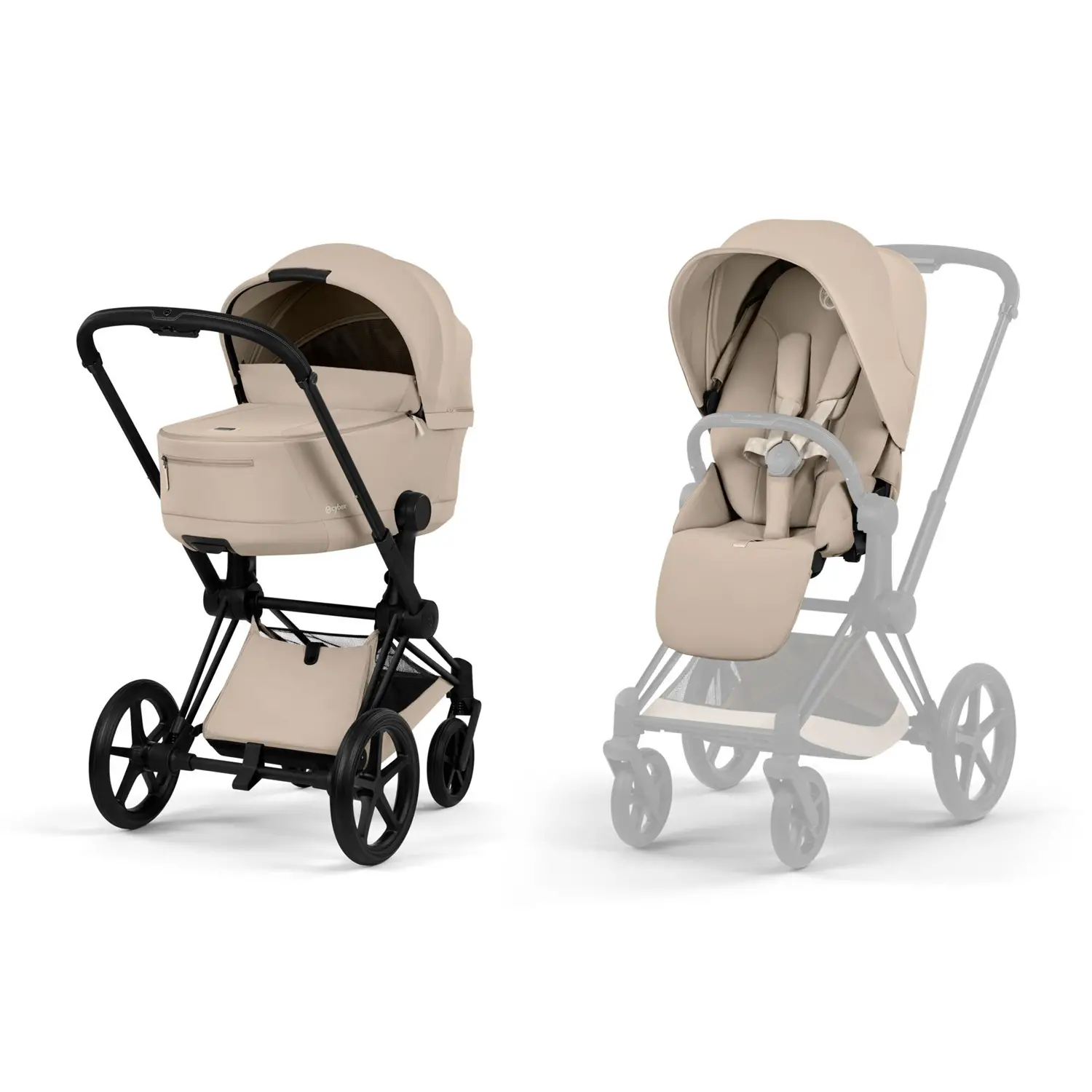Priam Comfort Cozy Beige 2in1 Con Navicella Richiudibile-Passeggino con Telaio Matt Black - trio e modulari