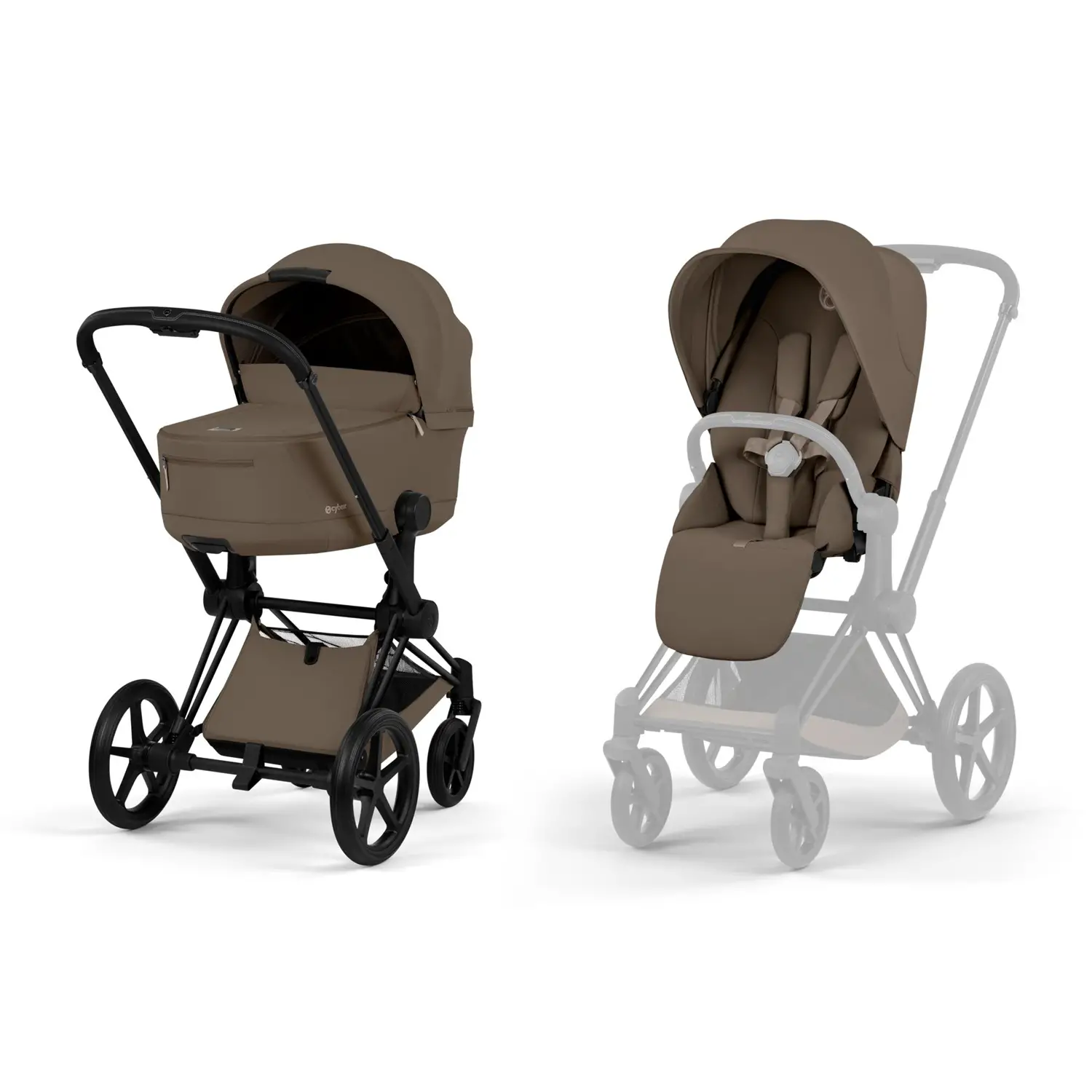 Priam Comfort Coconut Brown 2in1 Con Navicella Richiudibile-Passeggino con Telaio Matt Black - trio e modulari