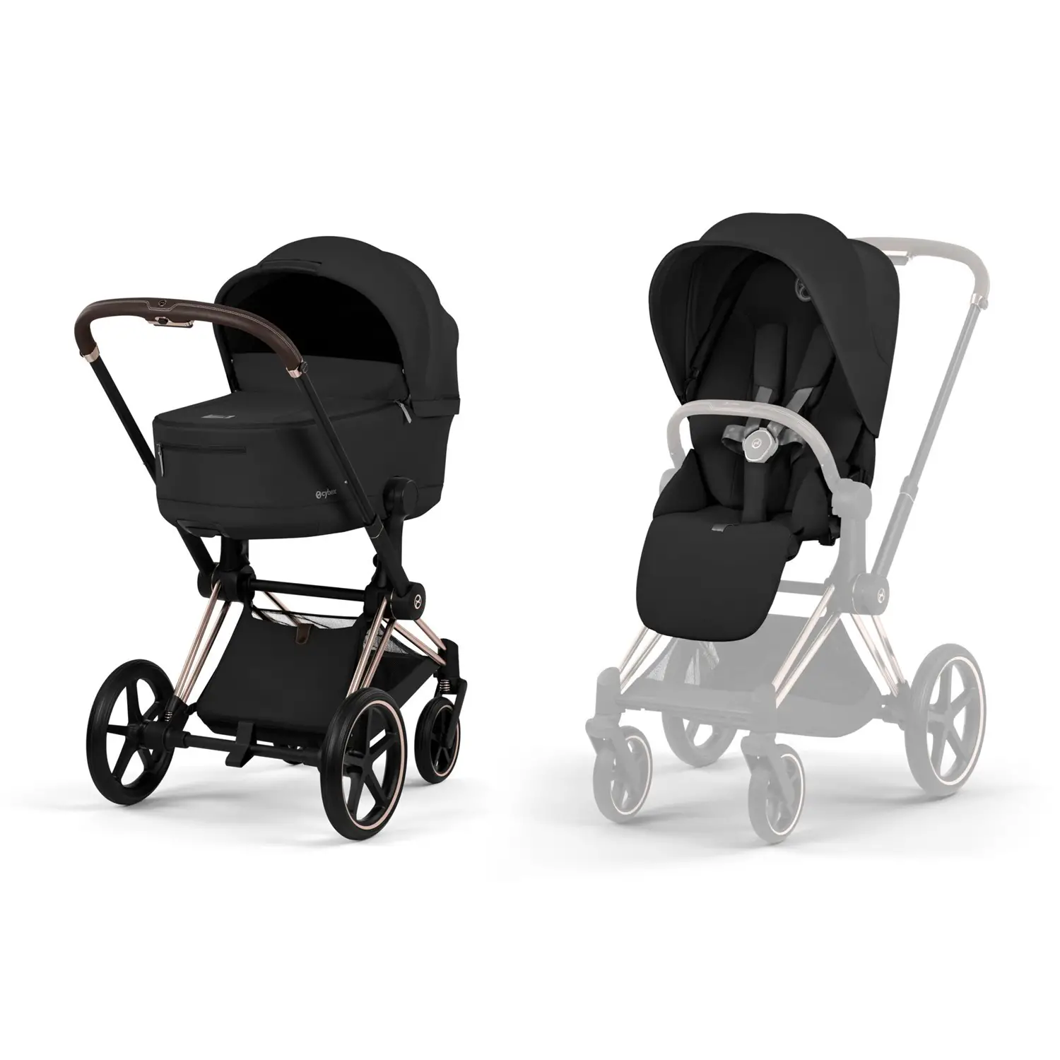 Priam Comfort Sepia Black 2in1 Con Navicella Richiudibile-Passeggino con Telaio Rosegold - trio e modulari