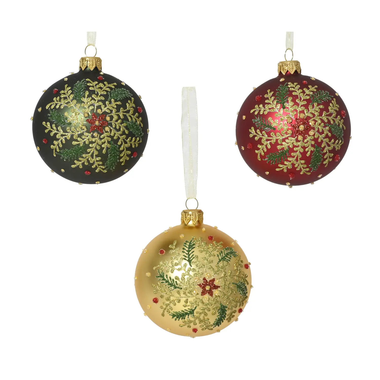 Pallina Natale in Vetro Ø8 cm con Rami e Foglie Decorati - addobbi albero