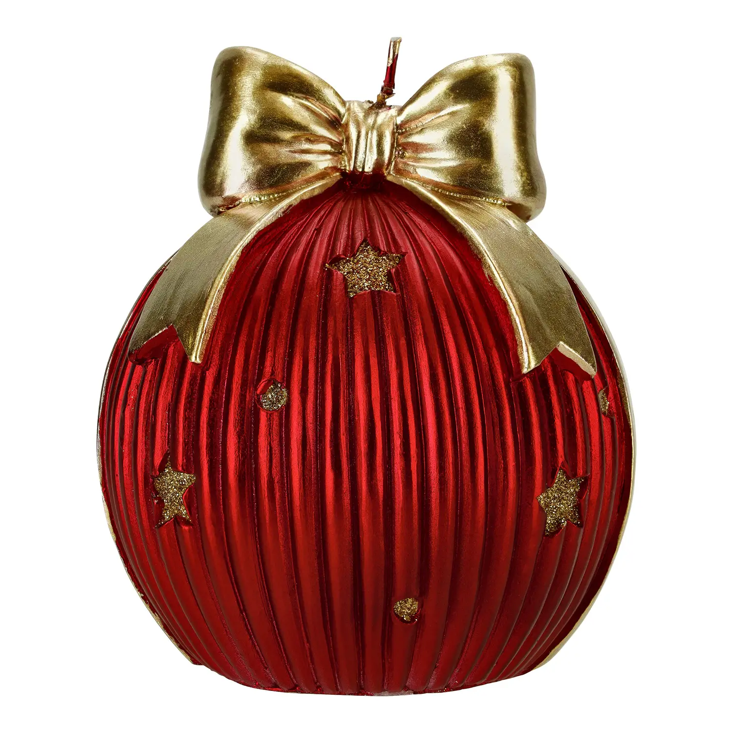 Natale Candela Sfera Rossa Decorata con Fiocco Oro e Stelle 11x11x13,5 cm - addobbi casa