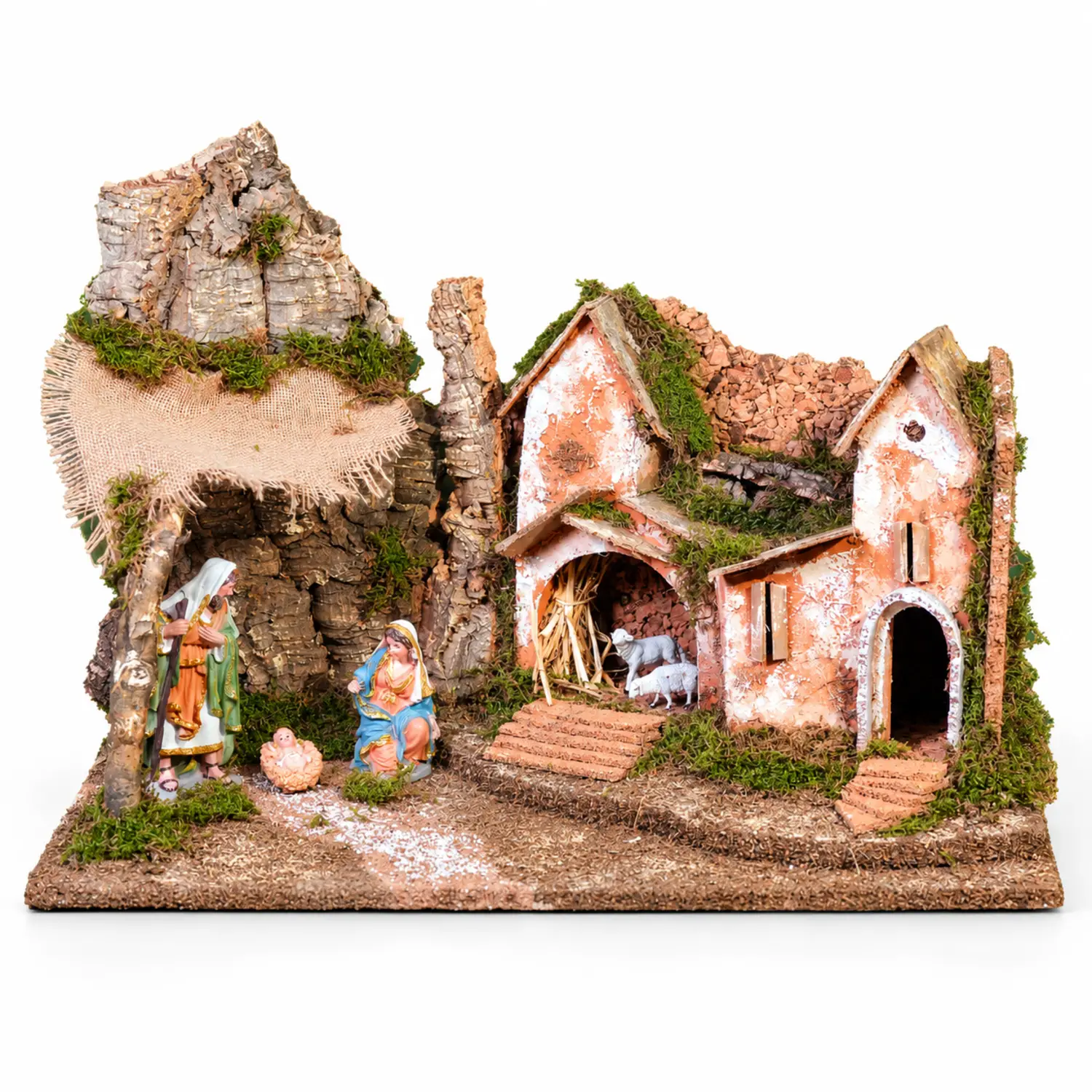 Capanna Presepe con Luci e Natività H16 cm 60x34x43 - presepi