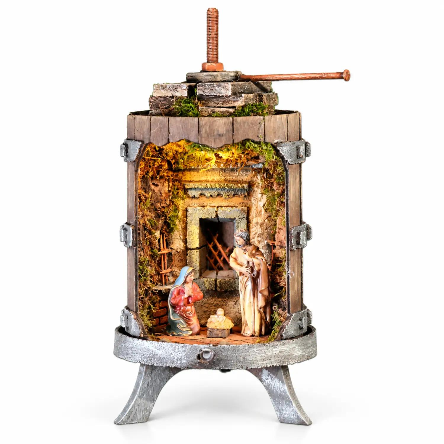Presepe Nel Torchio Illuminato con Natività e Luce Led, H10 cm 20x20x40 - presepi