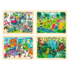 Puzzle di Osservazione: Rispetto e Convivenza Civile, Set 4 Puzzle in Legno Ecologico