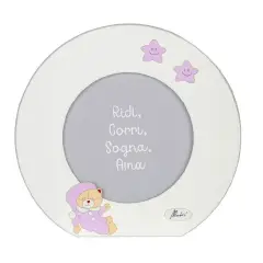 PORTA FOTO IN LEGNO BIANCO CON ORSO ROSA TONDO DIAM.25.5