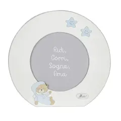 PORTA FOTO IN LEGNO BIANCO CON ORSO CELESTE TONDO DIAM.25.5