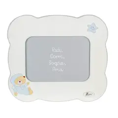 CORNICE PORTA FOTO IN LEGNO BIANCO MARGHERITA CON ORSO CELESTE ORIZZONTALE