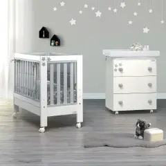 Kit Aladino Bianco/Grigio – Letto, Bagnetto e Tessile con Materasso per Neonati